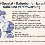 Illustration: Ein Mensch erklärt einer jungen humanoiden KI etwas auf einem Notizblock – in freundlicher, zugewandter Haltung.