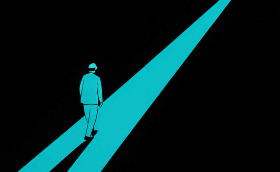 Figur auf hellem Pfad, Schatten nach hinten – Vergangenheit liegt hinter, Licht voraus.
