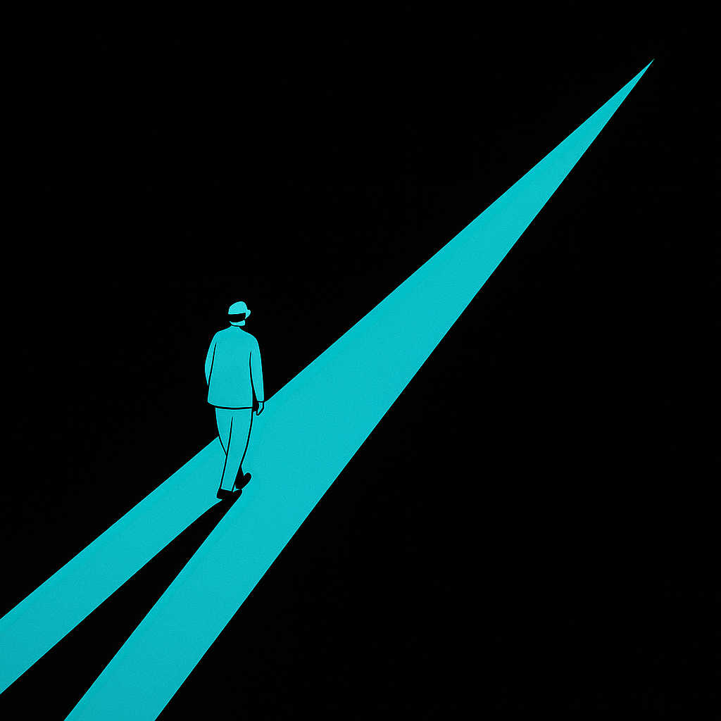 Eine einsame Gestalt geht auf einem klaren, hellen Weg durch dunkle Umgebung. Der lange Schatten hinter ihr symbolisiert Vergangenheit und Schuld, der Lichtweg vor ihr die Möglichkeit zur Klarheit und Erneuerung.